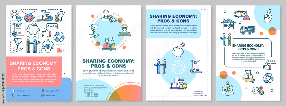 Sharing economy pros and cons brochure template. P2P business benefits flyer, booklet, leaflet print, cover design with linear icons. Vector layouts for magazines, annual reports, advertising posters