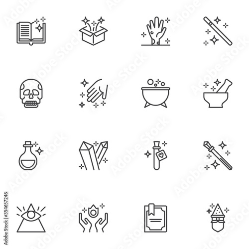 Fairytale magic line icons set, outline vector symbol collection, linear style pictogram pack. Signs, logo illustration. Set includes icons as magician book, magic wand and stars, potion cauldron