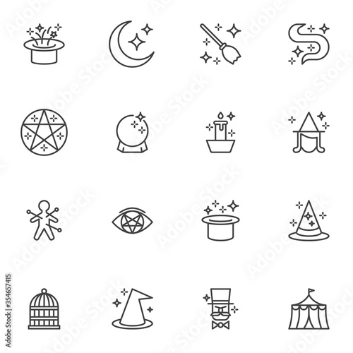 Magic line icons set  outline vector symbol collection  linear style pictogram pack. Signs  logo illustration. Set includes icons as witch broom  crystal ball  voodoo doll  magician  fairytale magic