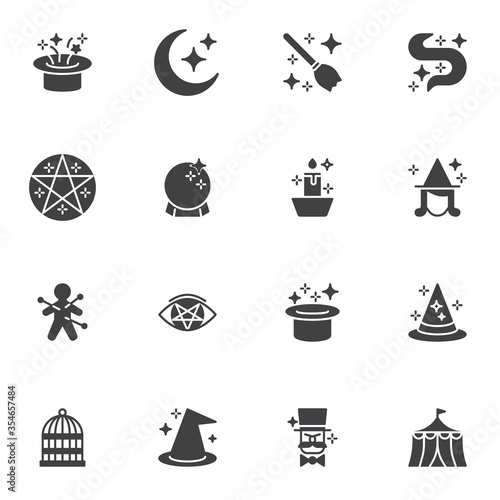 Magic vector icons set, modern solid symbol collection, filled style pictogram pack. Signs, logo illustration. Set includes icons as witch broom, crystal ball, voodoo doll, magician, fairytale magic