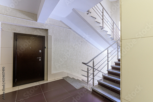 Russia, Moscow- January 27, 2020: interior room public place, house entrance. doors, walls, corridors staircase