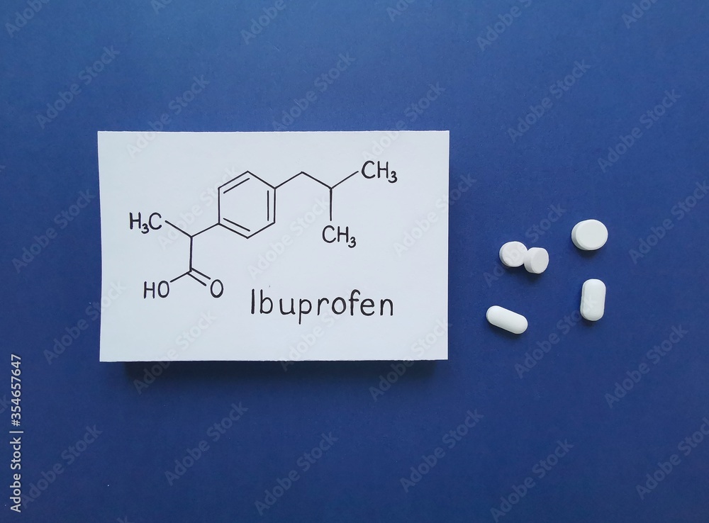 Structural chemical formula of ibuprofen molecule with ibuprofen