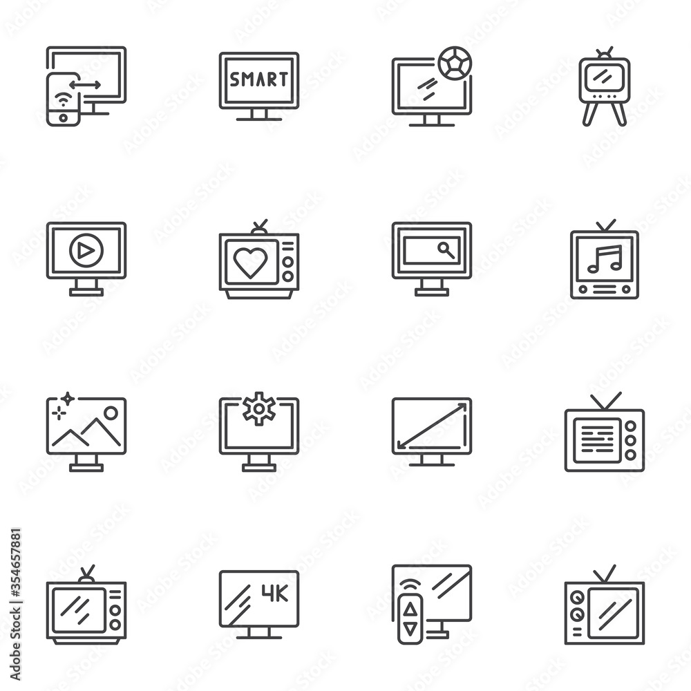 Television line icons set, TV screen outline vector symbol collection, linear style pictogram pack. Signs, logo illustration. Set includes icons as computer monitor, retro tv, led, remote control