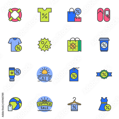 Summer sale filled outline icons set, line vector symbol collection, linear colorful pictogram pack. Signs logo illustration, Set includes icons as clothes sale, percent discount sticker, shopping bag