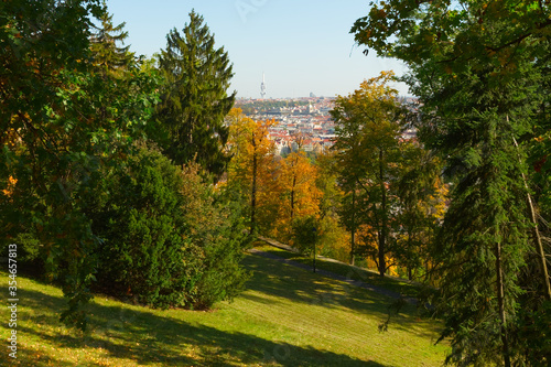A magnificent autumn park in Prague. Park on Petrin hill.