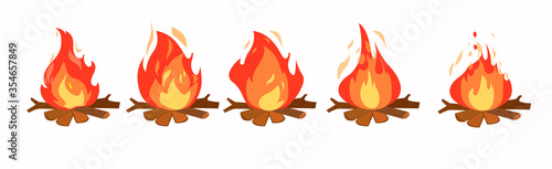 Set of fire animation, vector flat style.Bonfire, motion footage