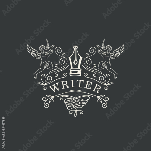 Writer logo, icon, vignette or label with hand-drawn nib, angels, and curlicues. Vector banner or illustration on a literary theme in vintage style on a black background. Drawing chalk on a blackboard