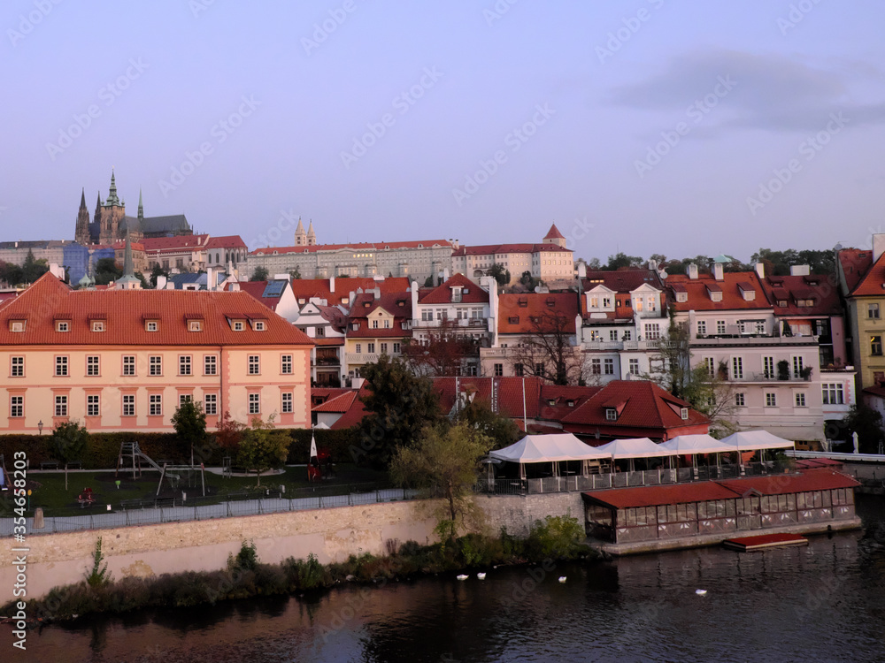 The historical center of Prague at sunrise. City landscape.