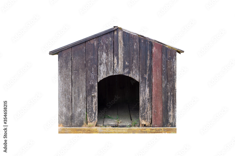 old wooden doghouse isolated on white background