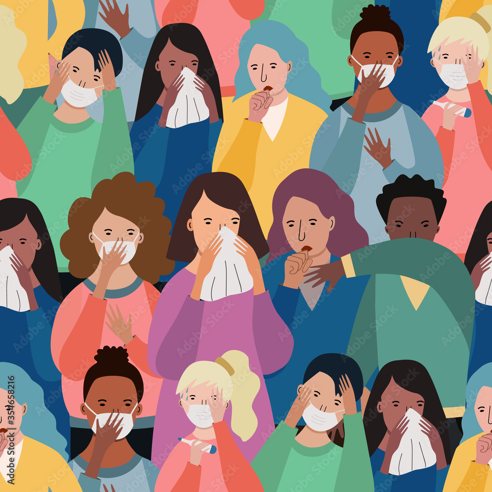 Group of infected people suffering from cough, runny nose, headache. Vector seamless pattern. Men and women contaminated by virus and wearing medical masks. Coronavirus symptoms. COVID-19 pandemic Group of infected people suffering from cough, runny nose, headache. Vector seamless pattern. Men and women contaminated by virus and wearing medical masks. Coronavirus symptoms. COVID-19 pandemic