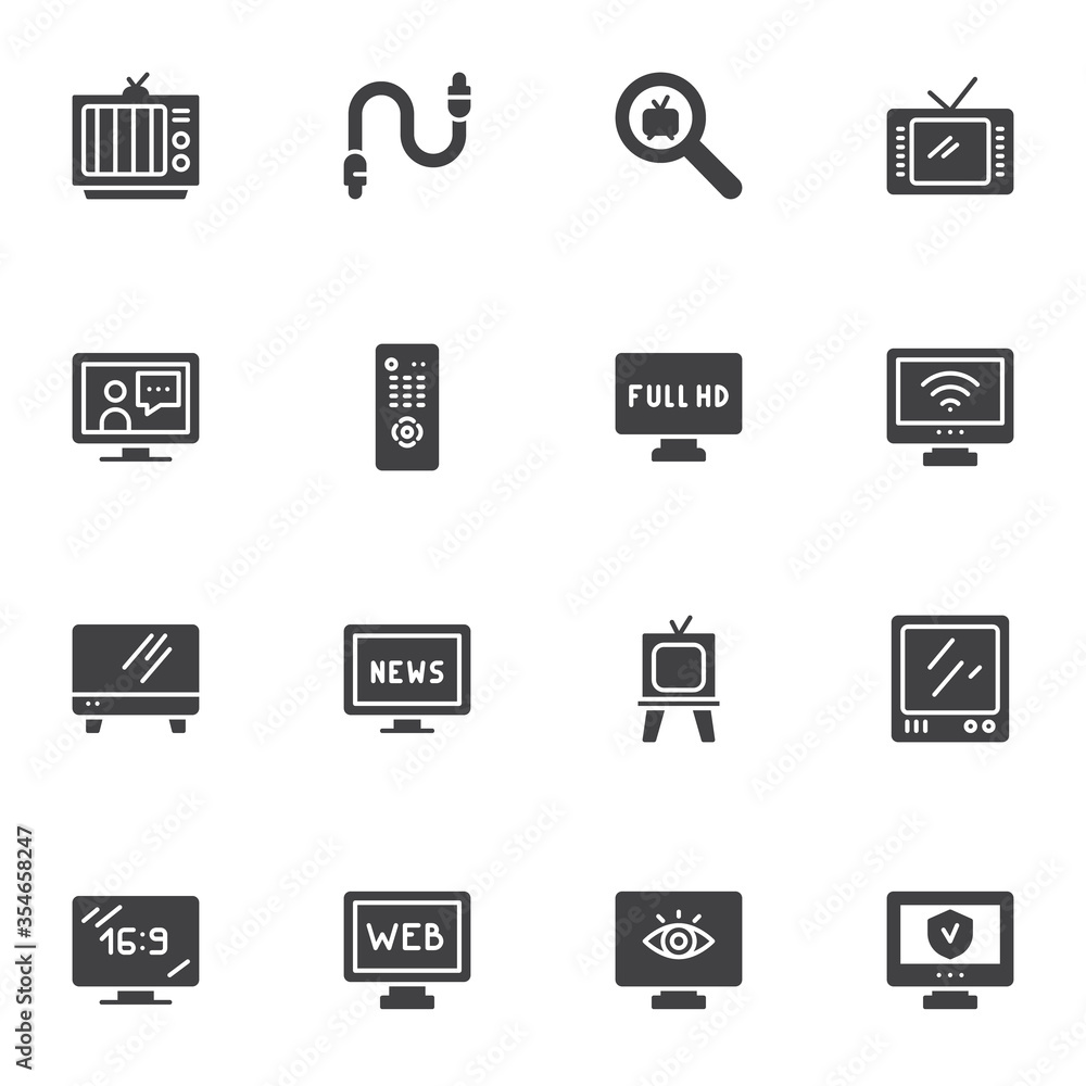 TV screen vector icons set, modern solid symbol collection, filled style pictogram pack. Signs, logo illustration. Set includes icons as retro television antenna, modern display, full hd resolution