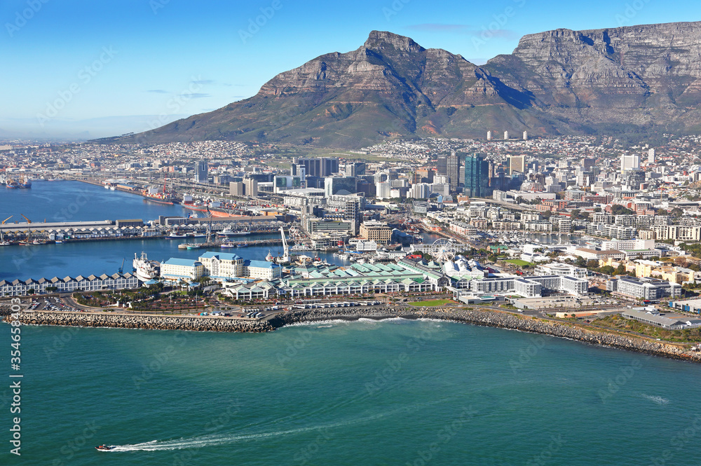 Cape Town, Western Cape / South Africa - 06/07/2019 - Aerial photo of Cape Town CBD, V&A Waterfront with Table Mountain in the background