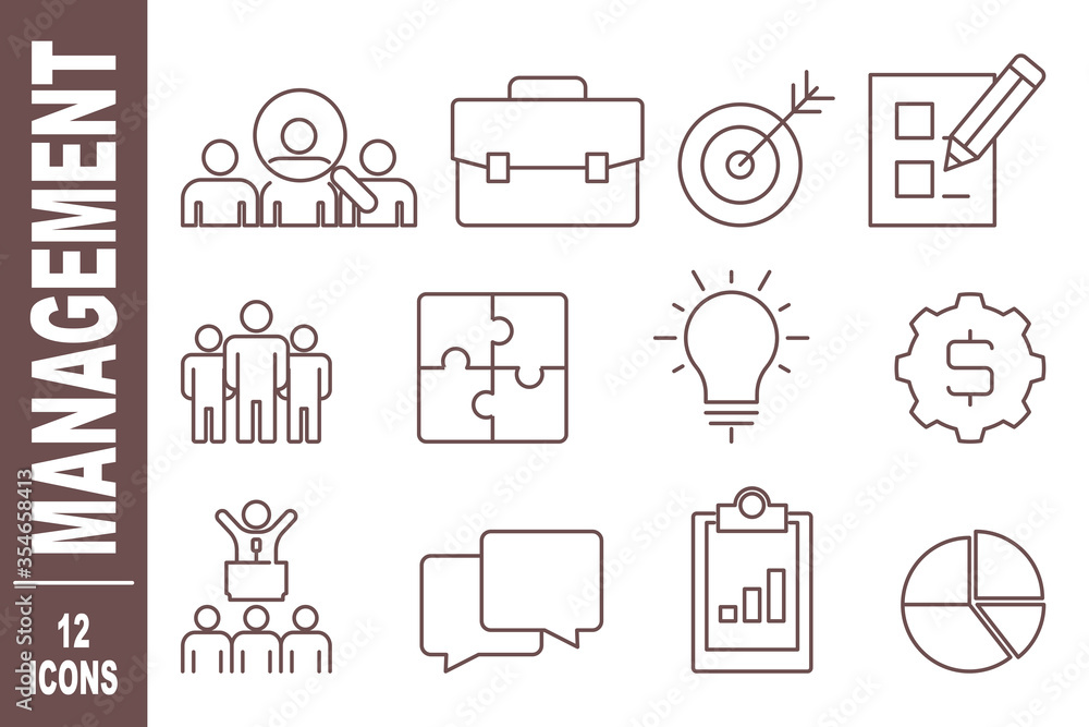 Set of 12 Management web icons in line style. Teamwork, strategy, business, planning, marketing, profit. Set of 12 Management web icons in line style. Teamwork, strategy, business, planning, marketing, profit.