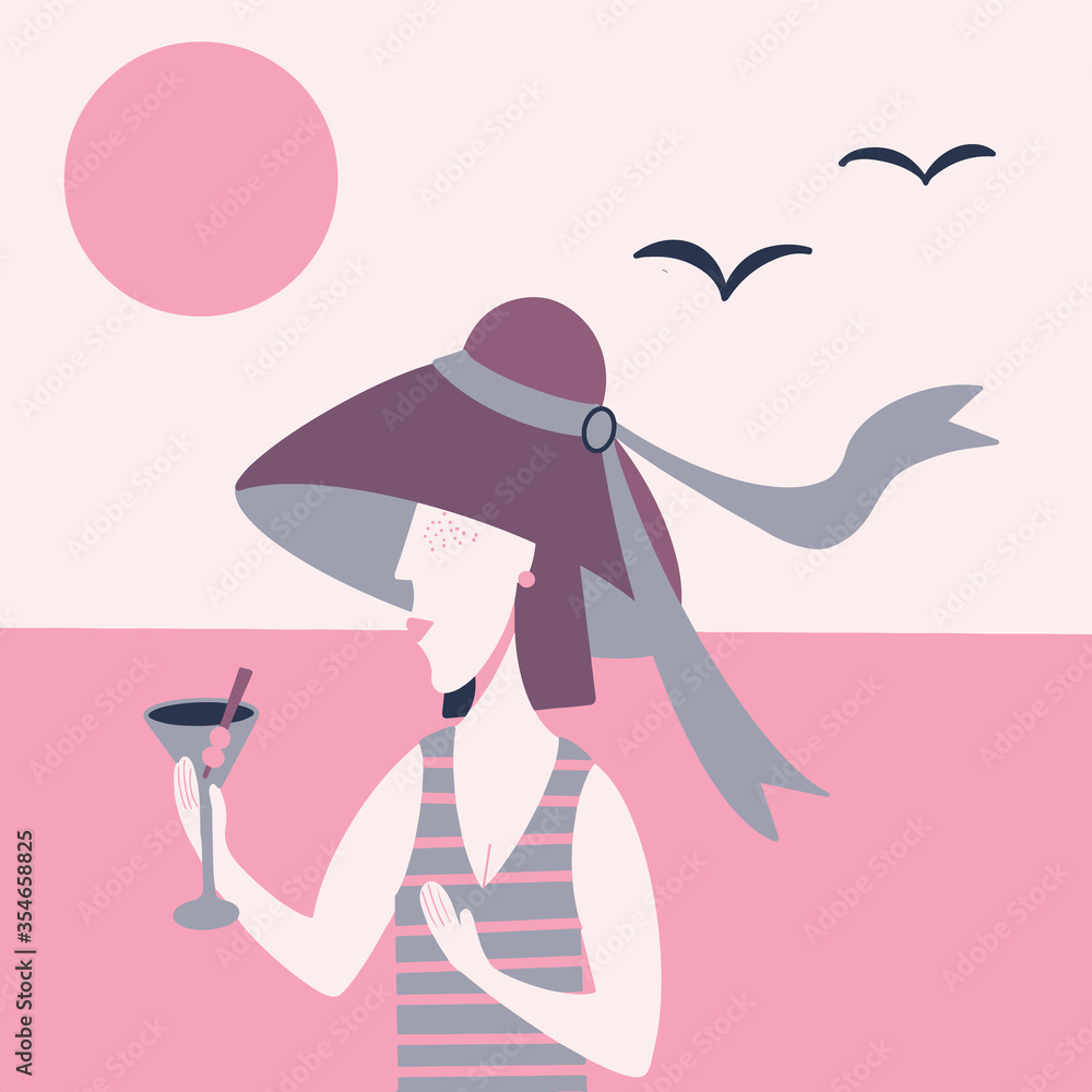 Beach banner or poster design with girl in violet summer hat drinking martini cocktail. Flat vector illustration in retro style. Beautiful women modern trendy silhouette in pink colors Beach banner or poster design with girl in violet summer hat drinking martini cocktail. Flat vector illustration in retro style. Beautiful women modern trendy silhouette in pink colors