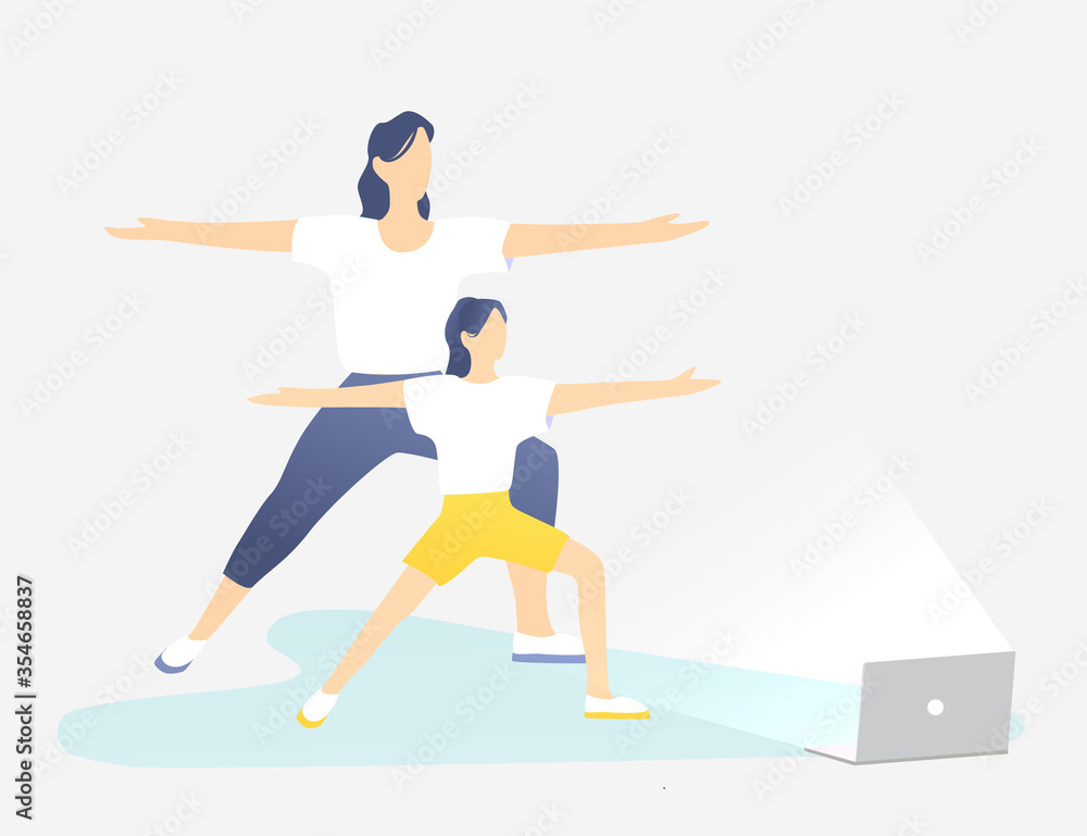 Online fitness illustration with mom and daughter. View on a laptop a sports course. Bright yellow blue design. Online fitness illustration with mom and daughter. View on a laptop a sports course. Bright yellow blue design.