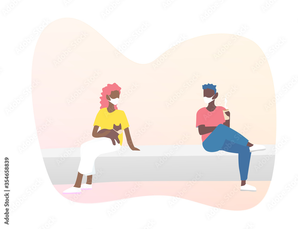 Young guy with a girl are sitting on the parapet. Remote communication. The concept of safety measures in contact with people. Man and woman in a mask.
