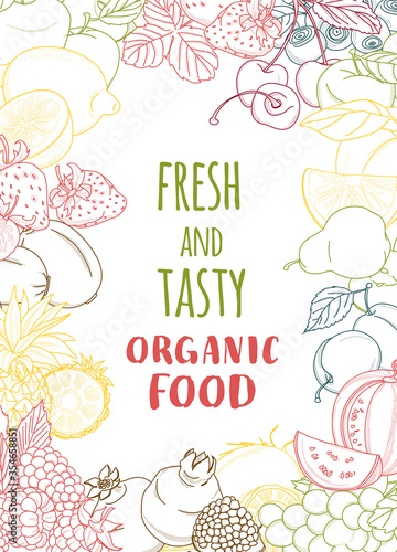 Fresh organic spring summer fruits and vegetables frame. Contour