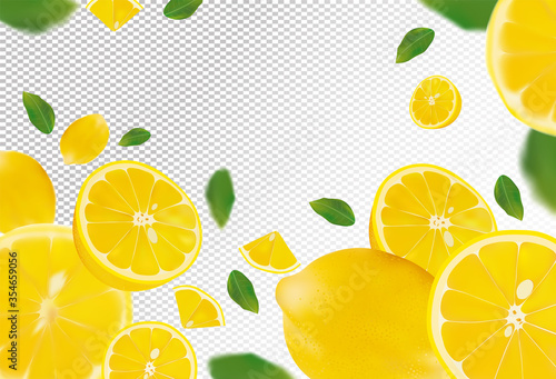 Set of fresh lemon with green leaves.Falling lemon on transparent background. Lemon rich in vitamins C. Flying lemon fruits are whole and cut in half. Vector illustration