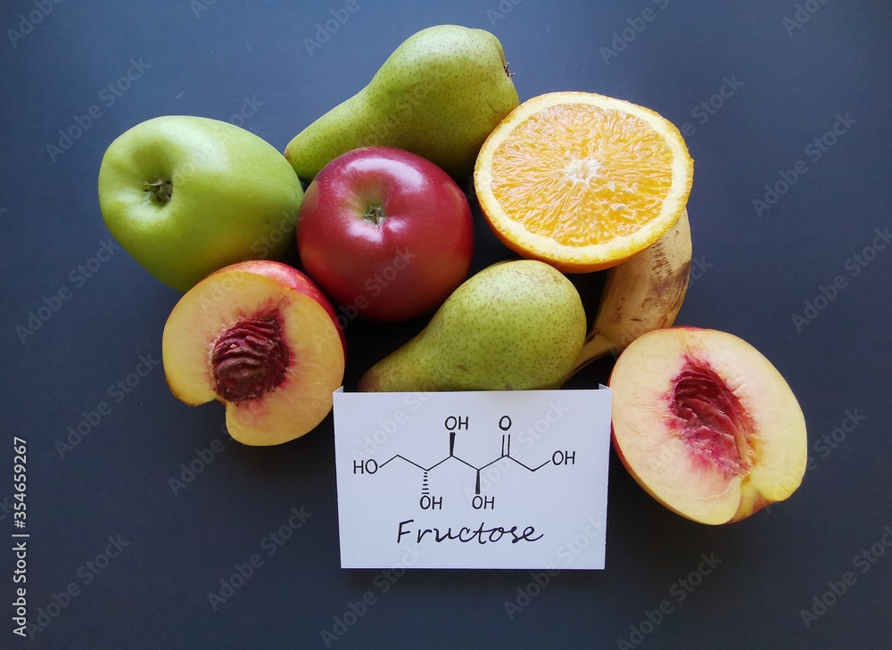Structural chemical formula of fructose with fresh, lowfructose and