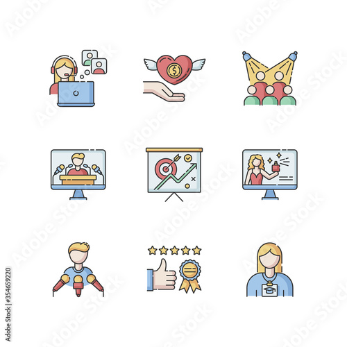 Promotion RGB color icons set. Publicist worker. Donation to charity foundation. Target audience. Press conference. Marketing strategy. Brand ambassador. Corporate image. Isolated vector illustrations