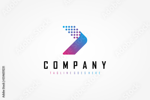 Right Arrow Logo. Blue Purple Gradient Geometric Arrow Shape with Pixel Dots Halftone Origami Style. Usable for Business and Technology Logos. Flat Vector Logo Design Template Element. photo