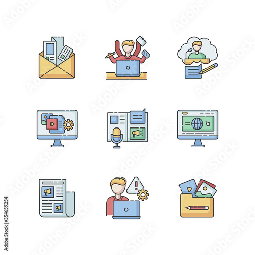Blogging RGB color icons set. Newsletter and brochure. Multi tasking employee. Speech writing for conference. Content management. Corporate website. Crisis control. Isolated vector illustrations