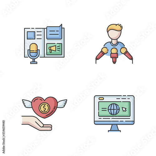 Public relation RGB color icons set. Advertorial press release. Spokesperson with microphones. Broadcast interview. Charity foundation. Money donation. Corporate website. Isolated vector illustrations