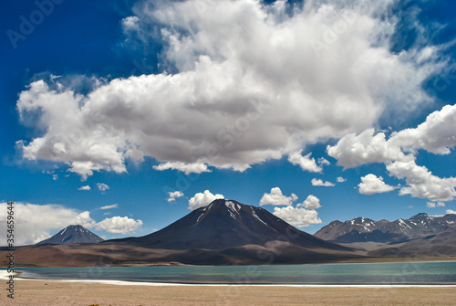 Laguna miscanti with the Miscanti and Miniques volcanoes in the background. San Pedro de Atacama  Chile.