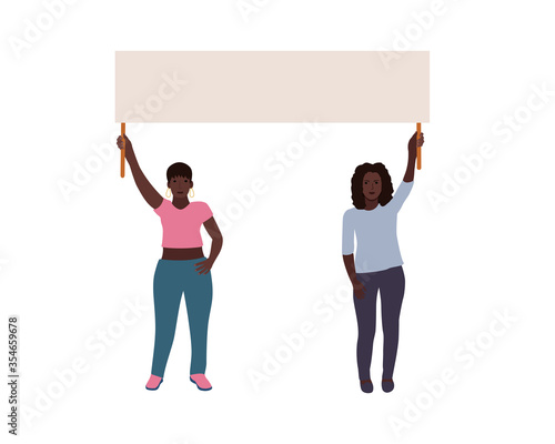 black women standing together and holding blank banner. People taking part in parade. Female protesters or activists. Flat colorful vector illustration