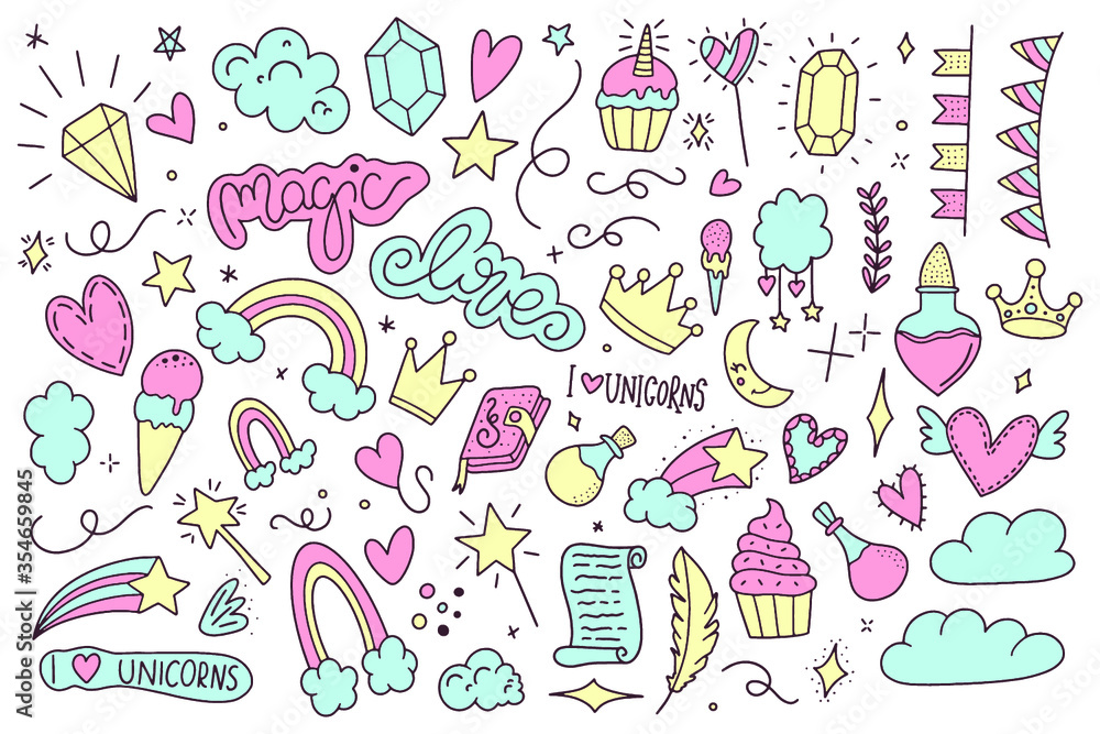 Unicorn and Magic Doodles. Cute unicorn and pony collection with magic items. Hand drawn line style. Vector doodles illustrations.