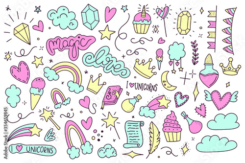 Unicorn and Magic Doodles. Cute unicorn and pony collection with magic items. Hand drawn line style. Vector doodles illustrations.