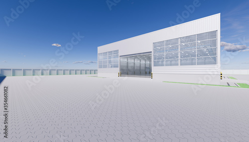 Industrial or commercial building. Use as factory, warehouse, hangar and workplace. Protection with security door, roller door or roller shutter. Outdoor floor paving with brick stone. 3d render.