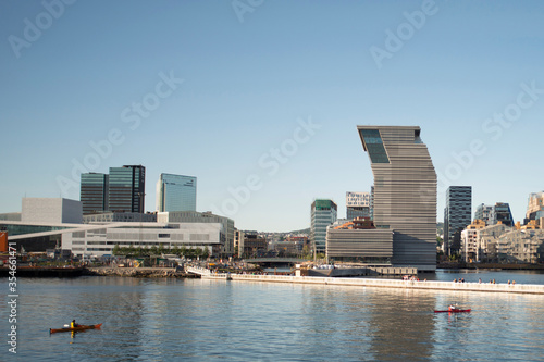 Panorama view on Oslo downtown. Sunny summer day  people enjoying sun  view on Oslo Opera House  sea and new Munch museum.