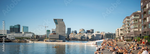 Panorama view on Oslo downtown. Sunny summer day, people enjoying sun, view on Oslo Opera House, sea and new Munch museum.