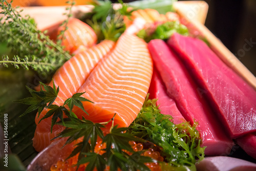 Pure meat of salmon and maguro before making premium japanese sushi