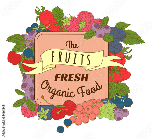 Berries mix frame of cherry, currant, blueberry, blackberry, ras