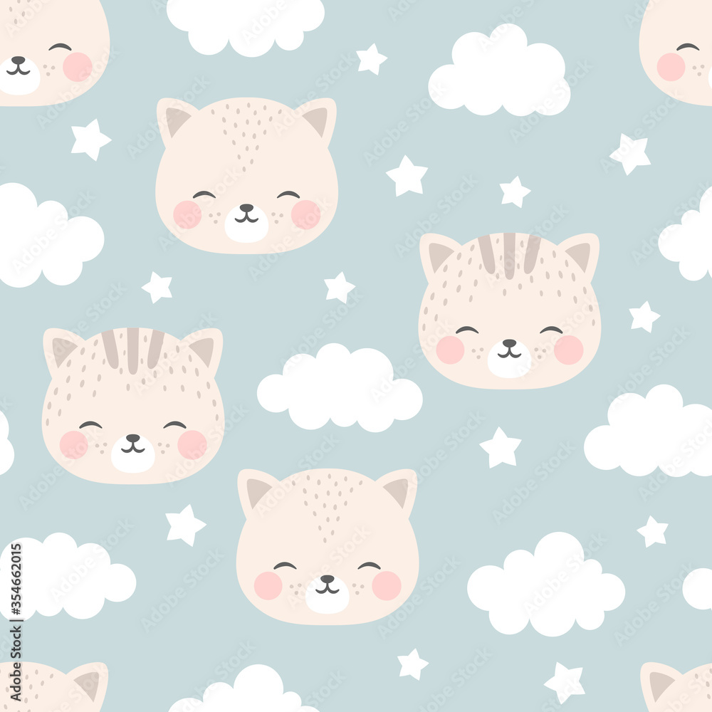 cats with cute kitty paw seamless pattern, doodle cat animals background, kitten vector illustration cats with cute kitty paw seamless pattern, doodle cat animals background, kitten vector illustration