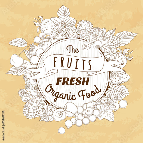 Berries mix frame of cherry, currant, blueberry, blackberry, ras