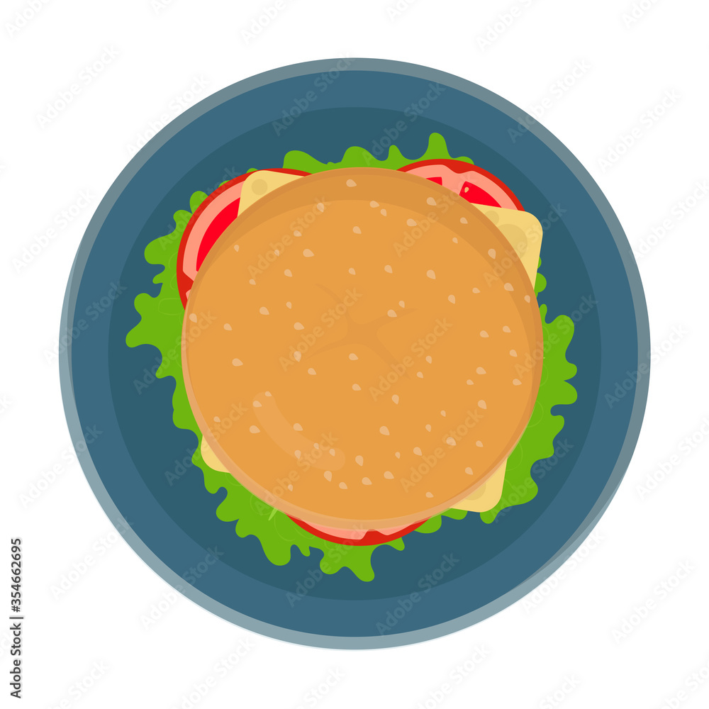 Burger with lettuce, tomatoes, cheese and cutlet on a blue plate. Flat vector illustration. Burger with lettuce, tomatoes, cheese and cutlet on a blue plate. Flat vector illustration.