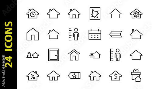 Simple set of line vector home icons. Contains house symbols at interest, infuse house and more. Editable stroke. 480x480 pixels perfect
