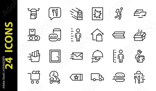 PIZZA DELIVERY, and Food Icon Set Vector thin line, contains courier, home delivery, food ordering, fast transport, drone, ship, car, editable stroke. ICONS circuits