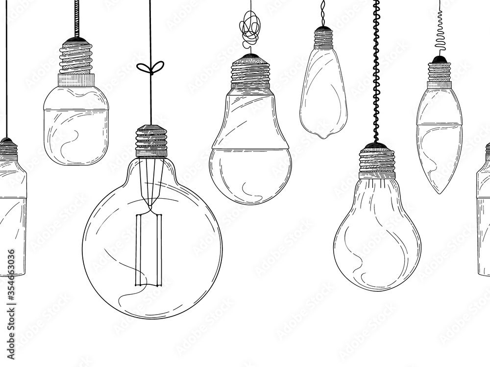 Sketch of hanging light bulbs isolated on a white background. Seamless pattern. Vector Sketch of hanging light bulbs isolated on a white background. Seamless pattern. Vector
