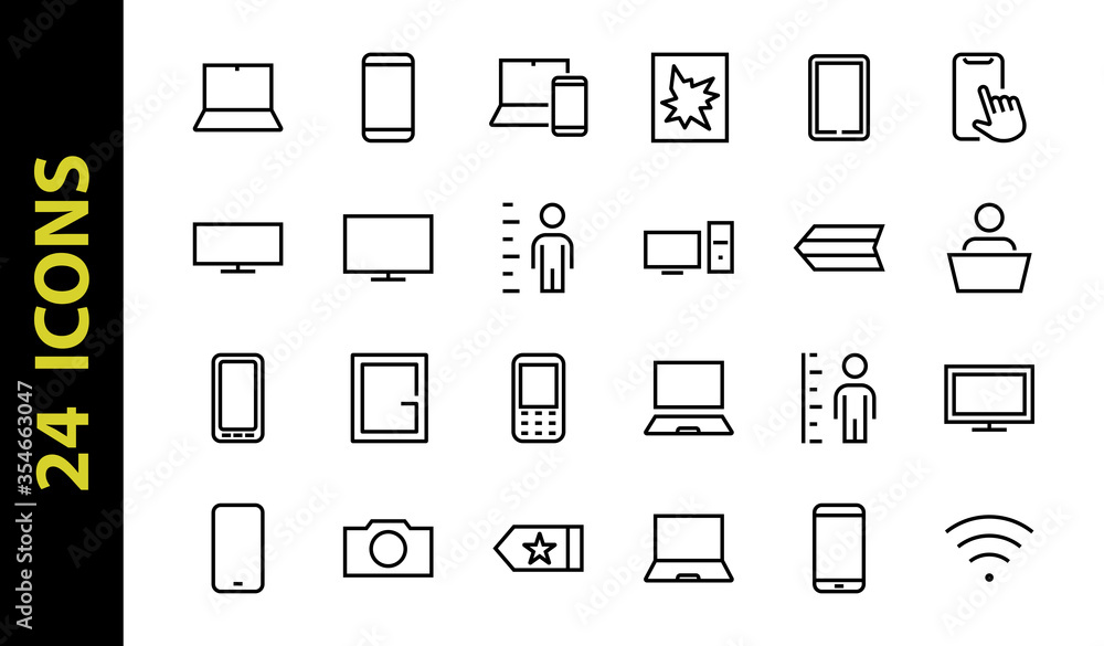 set of smart devices and gadgets, computer hardware and electronics. Electronic device icons for web and mobile vector lines. Editable stroke. 480x480 pixels set of smart devices and gadgets, computer hardware and electronics. Electronic device icons for web and mobile vector lines. Editable stroke. 480x480 pixels