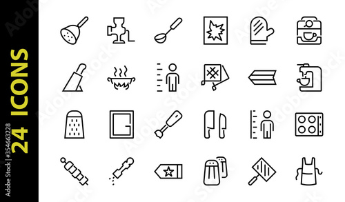 KITCHEN ICON Cooking process, Kitchen tools, Icon set, thin line vector has a blender, oven, knife, grater, barbecue, apron, barbecue, grill, coffee machine, kitchen glove, Editable stroke