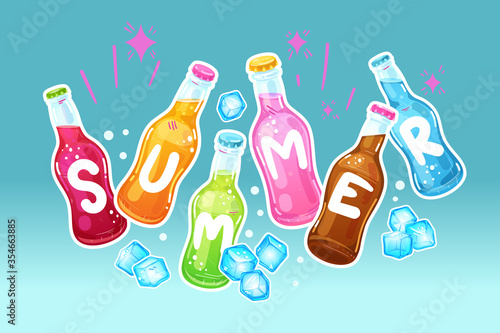 Cold color drinks and ice cube. Vector kids color illustration. Summer inscription