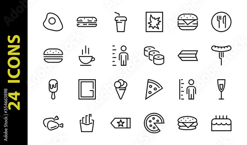 A simple set of fast food icons related to the vector line. Contains icons such as pizza, burger, sushi, bike, scrambled eggs and more. EDITABLE stroke. 480x480 pixels perfect, EPS 10