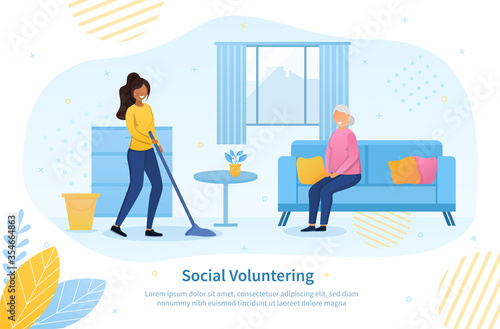 Social volunteering concept for the elderly with a young black woman mopping the floor for a senior woman in her house, colored vector illustration