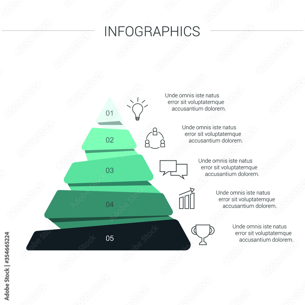 Pyramid Infographics. Funnel Pyramid with 5 charts