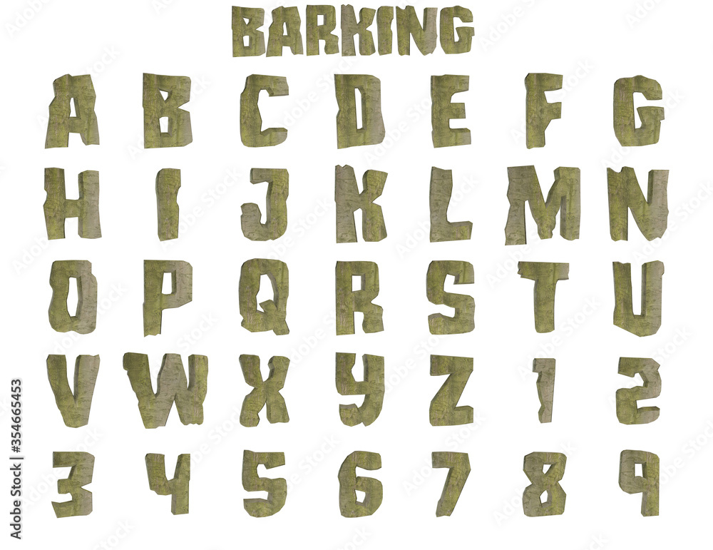 Barking tree bark alphabet - 3D Illustration Barking tree bark alphabet - 3D Illustration