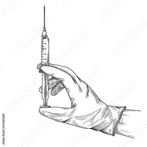 Doctor or scientist hands in latex gloves. Hands in sterile gloves holding syringe. Vector illustration